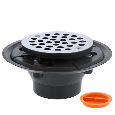 Jones Stephens 2inX3in PVC Shower Drain with 2in PVC Spud and 4in Round SS Strainer with Test Plug D50001TP